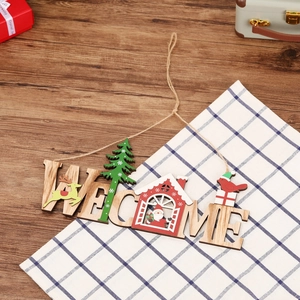 Christmas wooden Welcome sign with Santa and reindeer on rustic wood table background