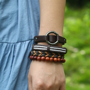 Men's vintage four-piece leather bracelet set with wooden beads and woven cords