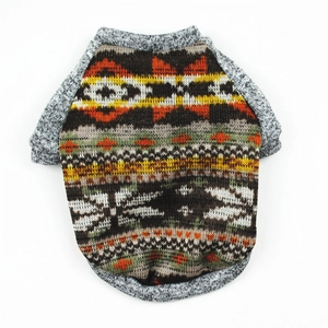 Detail view of ethnic jacquard dog sweater with warm knit texture and raglan sleeves