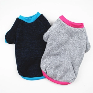 Close-up of ribbed knit cuffs and collar detail on fleece dog hoodies in dual colors