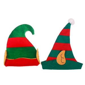 Striped Christmas elf hats for kids and adults with elf ears and white pompom detail