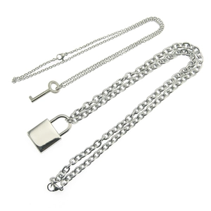 Polished silver stainless steel necklace set with geometric key and lock pendants