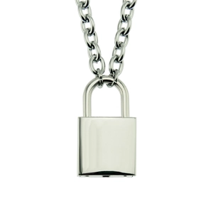 Macro view of a silver polished lock pendant necklace with a classic O-link chain