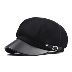 Newsboy Cap For Women Woolen Octagonal Hat With PU Leather Brim Retro British Style Baker Boy Cabbie Flat Top
