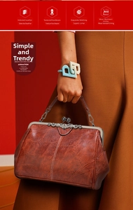 Detailed view of brown faux leather handbag featuring geometric texture and metal clasp