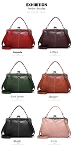 Detailed display of six vintage leather handbags in wine red, black and other colors