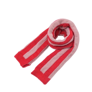 Winter striped knit scarf for kids in soft red and grey-pink fuzzy mohair blend