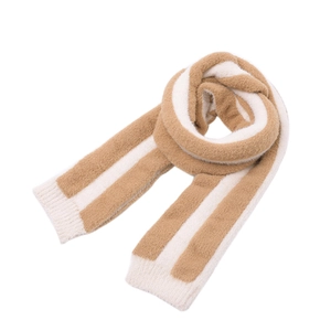 Close-up of soft camel and white striped knit scarf with plush ribbed texture for kids