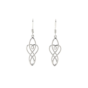 Elegant silver Celtic knot heart earrings with hook design on a white background