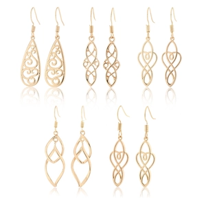 5-pair set of gold hollow geometric earrings featuring Celtic knot and spiral designs