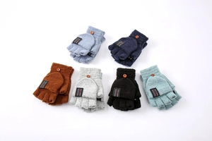Flat lay of six-color convertible knitted gloves with fold-over flap and button detail