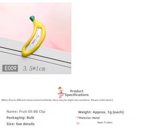 Detail of yellow banana enamel hair clip with 3.5x1cm dimensions and metal texture