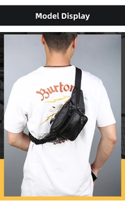 Rear view of a men's black PU leather chest bag with multiple zipper compartments