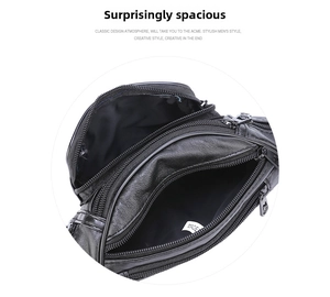 Internal view of black textured leather multi-layer chest bag showing large capacity