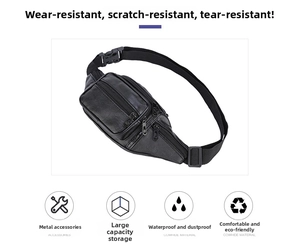 Detail showing durable waterproof PU leather texture and multi-layer zipper pockets of men's waist bag