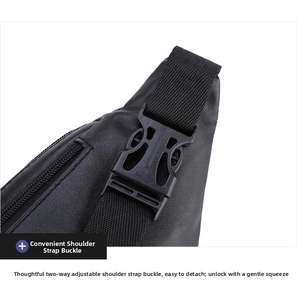 Macro detail of adjustable plastic buckle and nylon strap on black textured men's bag