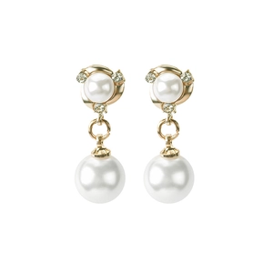 Elegant gold earrings featuring white pearls and sparkling crystals on white background