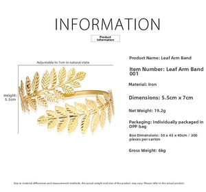 Detailed size specifications for adjustable golden leaf metal bridal arm bracelet