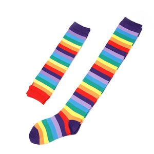 Detailed knit pattern on rainbow striped arm warmers and long socks set made of cotton blend