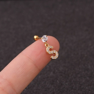 Golden letter S stud earring with zircon inlay on polished stainless steel base