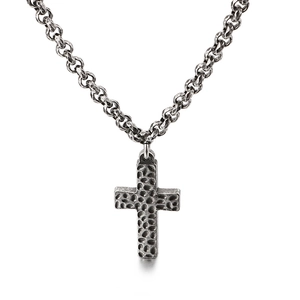 Vintage stainless steel cross necklace for men with hammered texture and rustic finish