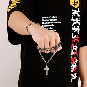 Retro stainless steel cross pendant necklace and bracelet set for men in gothic style