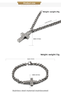 Detailed specs of vintage hammered stainless steel cross necklace and bracelet set