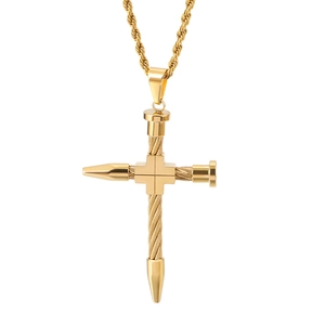 Golden bullet-shaped cross pendant necklace with twisted rope chain on white background