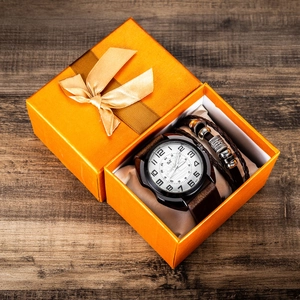Men's quartz watch with brown leather strap and woven bracelet in an orange gift box