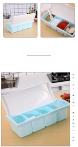 Detail view of 4-compartment seasoning box with white spoons and dustproof flip lid