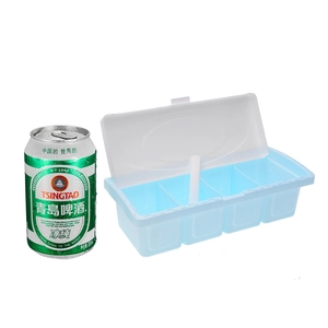 Light blue 4-compartment seasoning box with semi-transparent lids and serving spoons