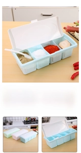 Detail view of 4-compartment seasoning box with individual spoons and a flip cover lid