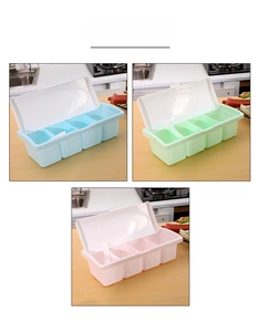 Detailed view of 4-compartment seasoning boxes in pastel blue, green and pink colors