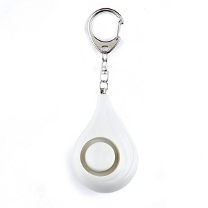 White teardrop-shaped personal safety alarm keychain with a durable metal ring
