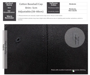 Tableau détaillé des tailles de casquette en coton avec visière de 5cm et tour réglable