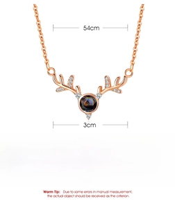 Detailed size specifications for deer antler necklace showing 54cm chain and 3cm pendant
