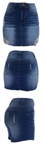 Three-view display of distressed dark blue denim skirt with frayed hem and ripped details