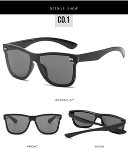 Detail view of all-black cycling sunglasses with silver rivets and wide temples