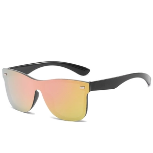 Futuristic oversized wrap-around sunglasses with pink yellow gradient reflective lenses