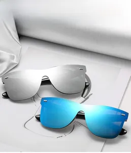 Detail showing silver and blue mirrored lenses of wrap-around cycling sunglasses