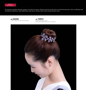 Detail of purple rhinestone floral hair clip on a high bun hairstyle for elegant women