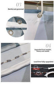 Detail of reinforced metal grommets and weighted hem on waterproof polyester shower curtain