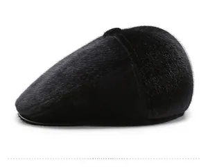 Side view of men's winter newsboy cap in black faux fur with plush thermal lining