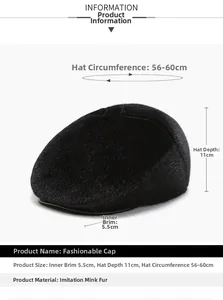 Detailed size specifications for faux mink fur flat cap with 56-60cm circumference