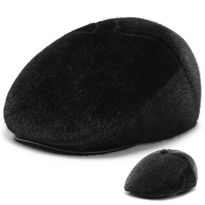 Men Winter Flat Cap Faux Fur Warm Forward Hat With Ear Flaps Fleece Lined Solid Color Thickened Thermal