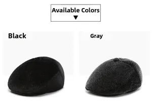 Detail view of winter flat caps for elderly men in classic black and grey fuzzy fabric