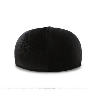 Rear view of thick black faux fur flat cap for men with soft plush winter lining