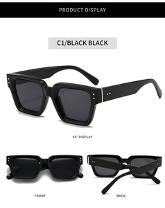 Detailed multi-angle view of black thick-frame square sunglasses with metal accents