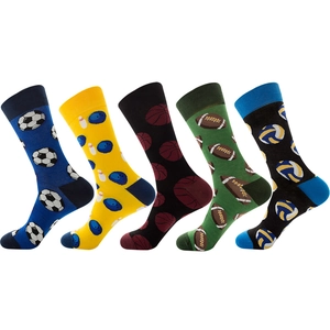 Detailed view of 5-pack crew socks with colorful sports patterns like soccer and basketball