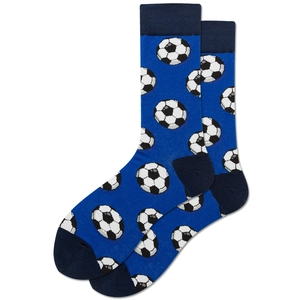 Detail of royal blue soccer pattern crew socks with navy knit toe and heel sections